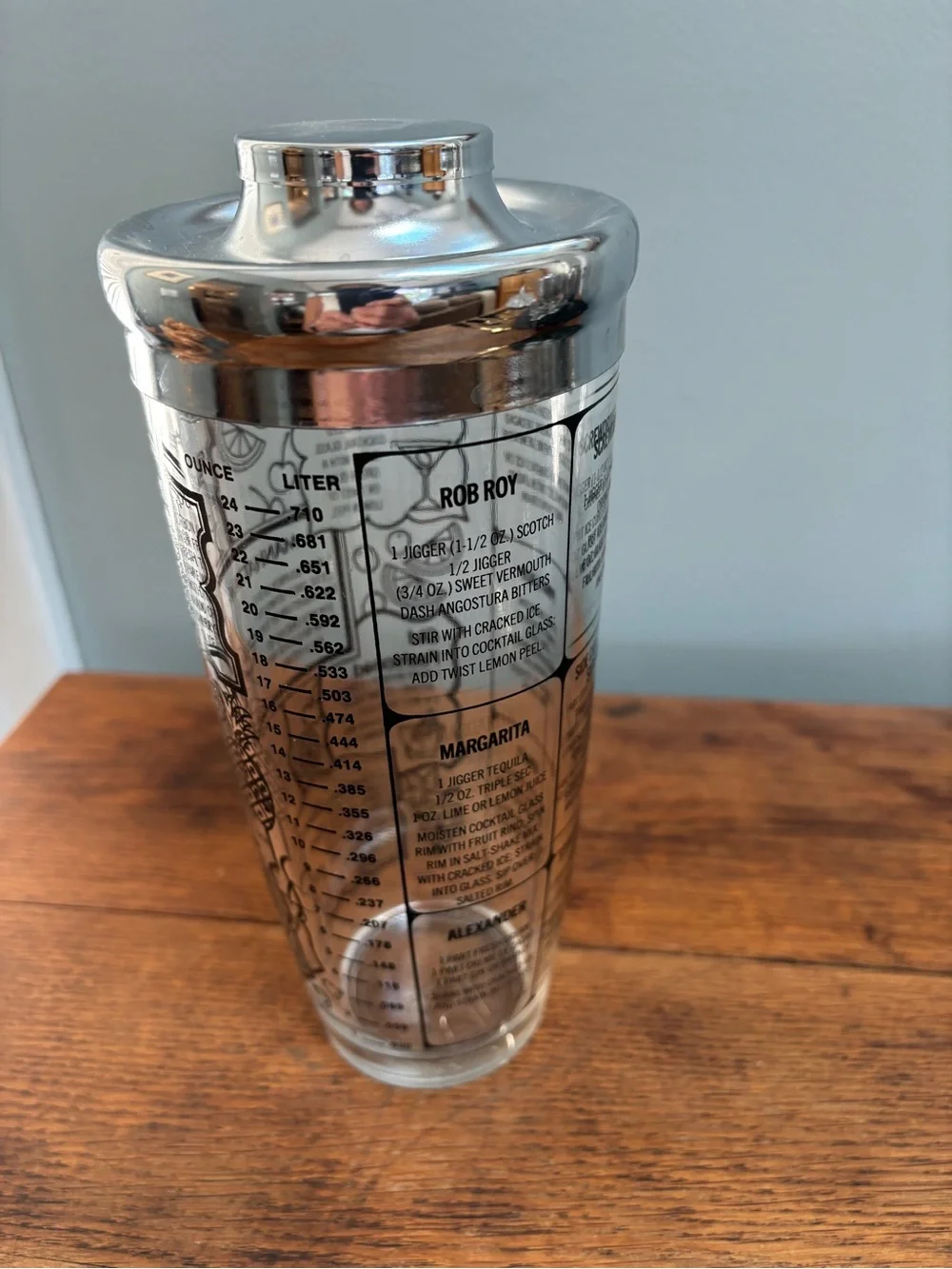 Vintage MCM Cocktail Shaker with Recipe Graphics - Silver & Clear
